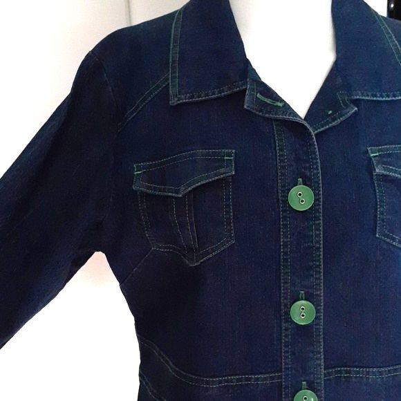 Onque shacket blue denim shirt jacket s m green trim blazer top lagenlook casual - Picture 4 of 8